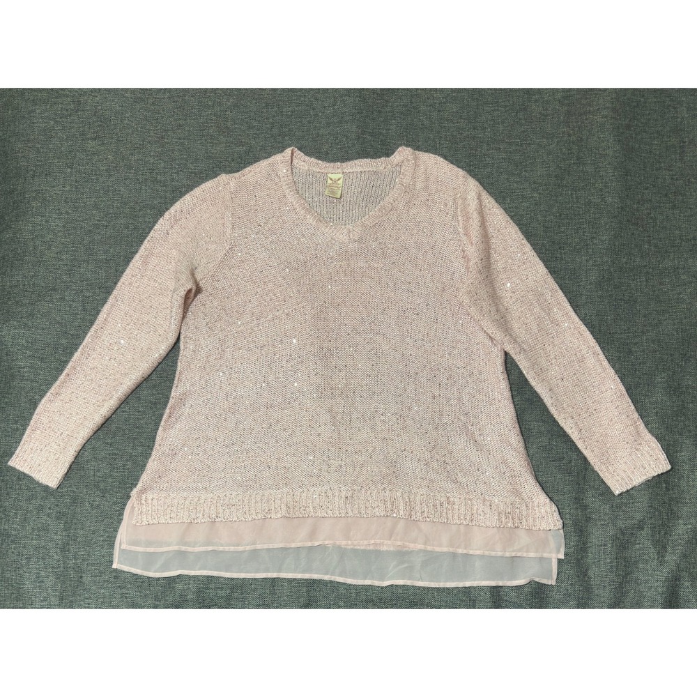 Faded Glory Womens 3X Sweater Pink Sequin Knit Layered Hem V-Neck